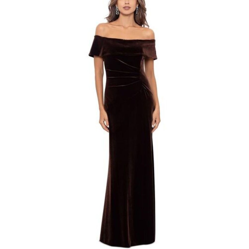 Xscape Womens Size 4 Brown Off The Shoulder Ruch Velvet Gown Formal Maxi Dress